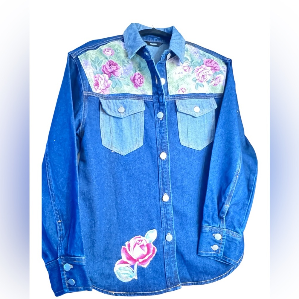 New Refashioned Floral Panel Denim Jacket | Romantic Rose Cottagecore
